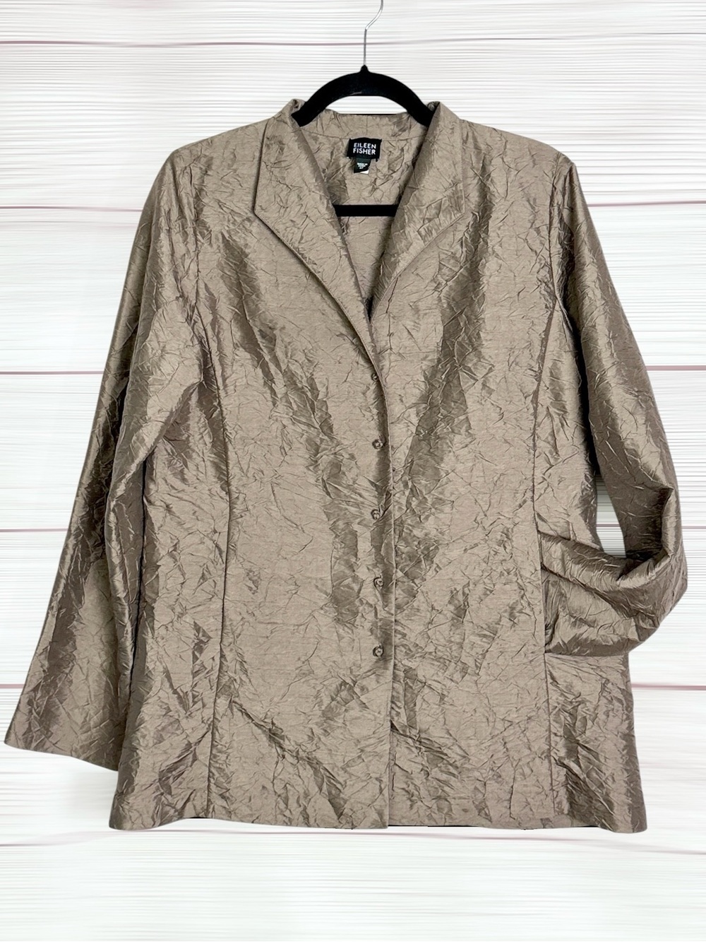 Eileen Fisher Silk Crinkle Shirt Jacket Blouse Taupe Brown Button Front Pocket M